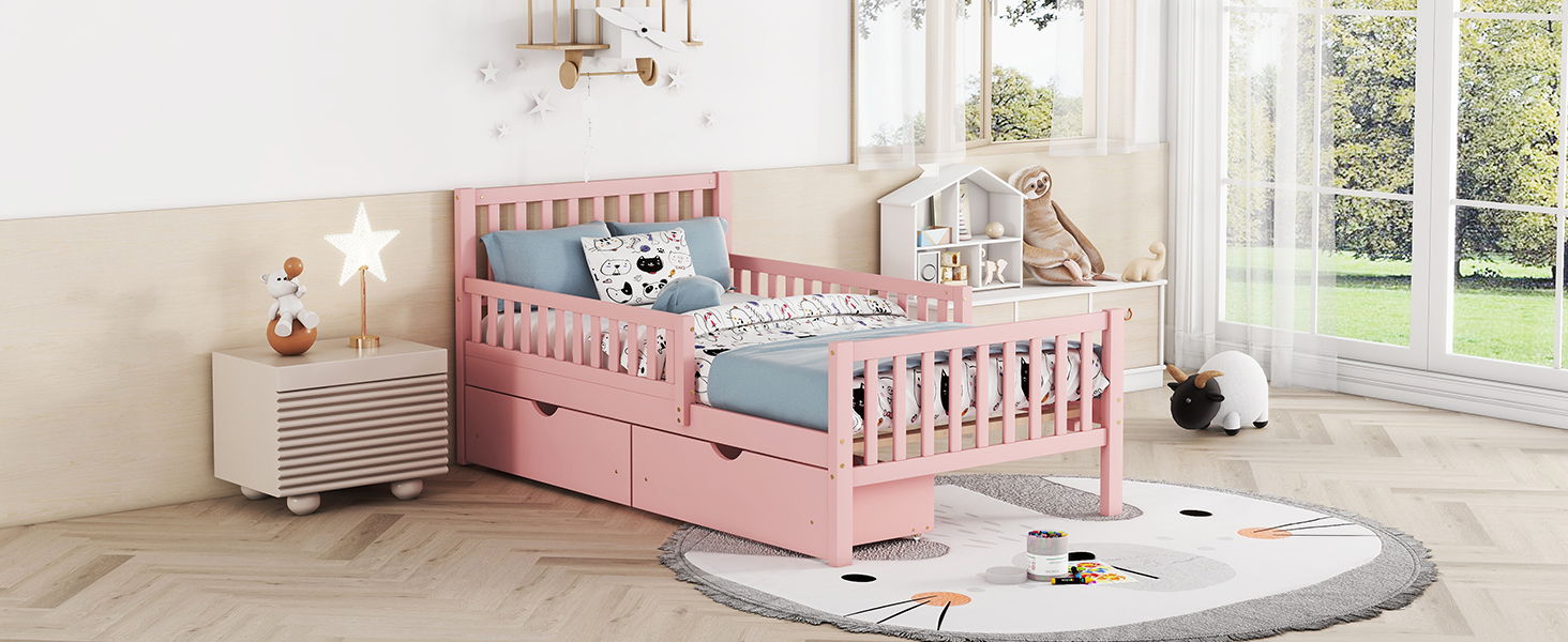 Platform bed with guardrails on both sides and two storage drawers in pink, HouseOfZazla on Tampa Home & Garden Store