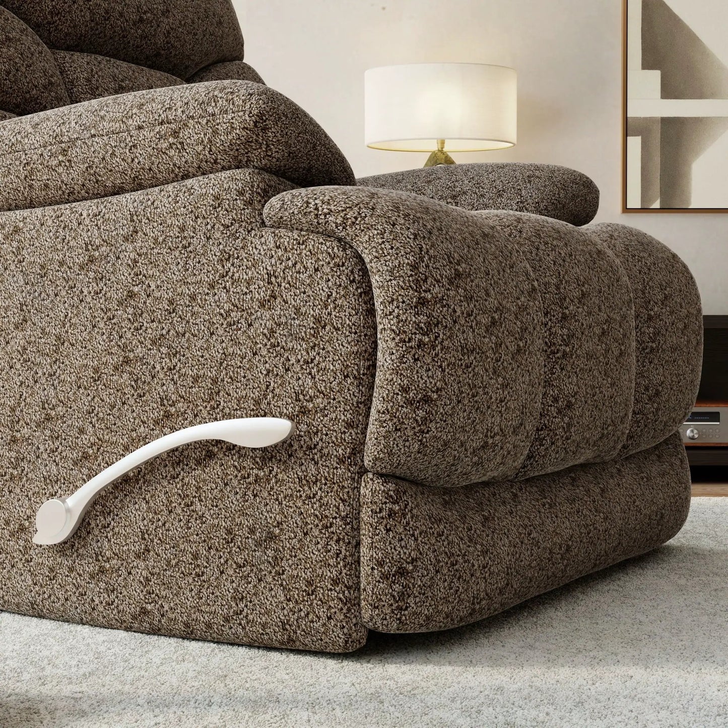 Swivel Glider Recliner by Unique Piece Furniture in textured brown fabric with white lever on Tampa Home & Garden Store