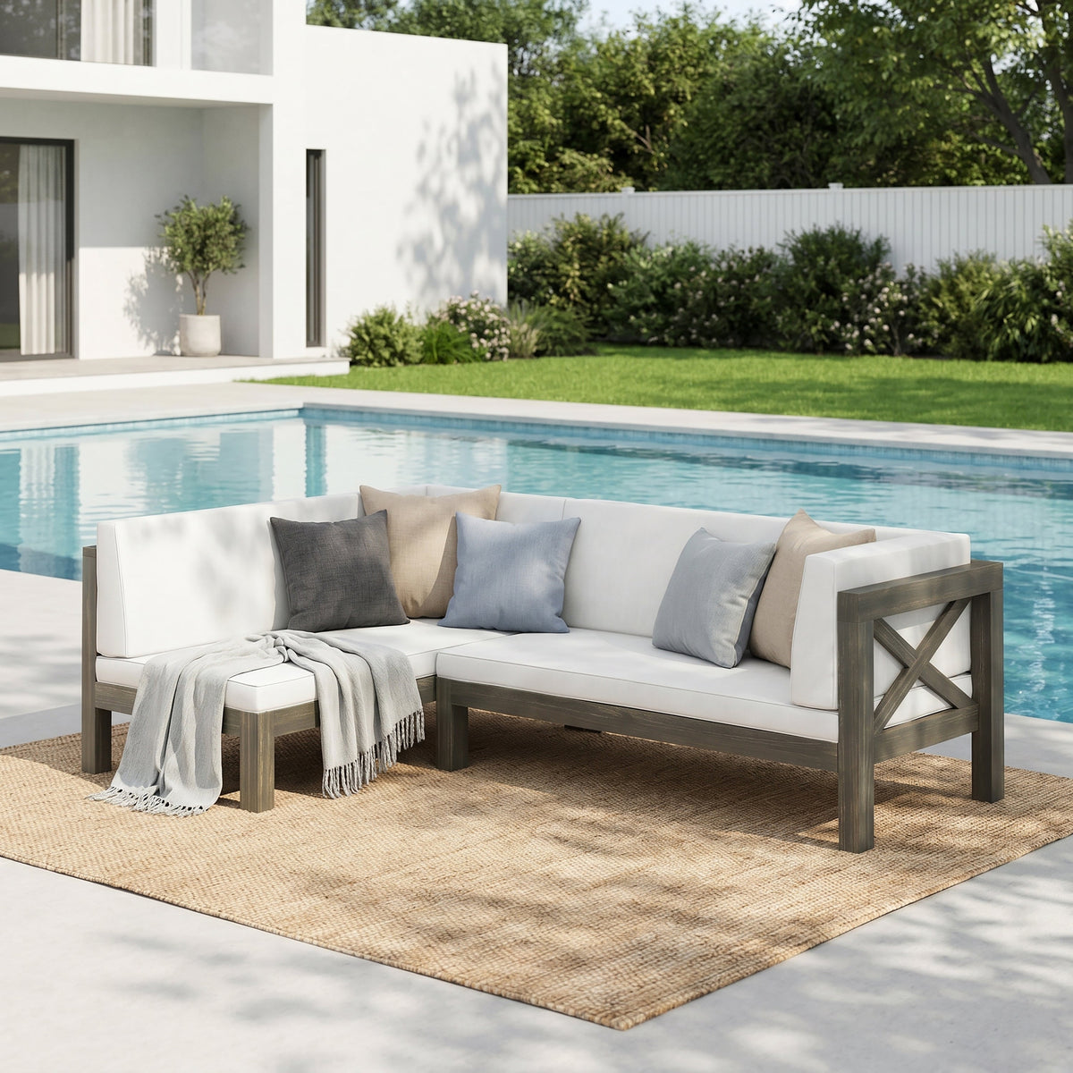 Brava X Back Right Corner Bench Acacia Patio seating by HouseOfZazla with white cushions on Tampa Home & Garden Store