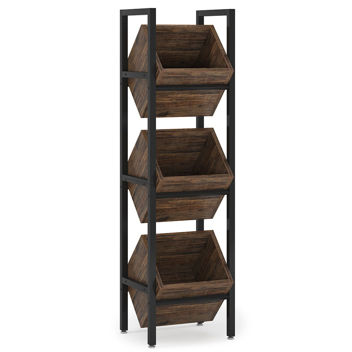 Three-tier angled wooden basket stand on black metal frame by HouseOfZazla for kitchen use on Tampa Home & Garden Store
