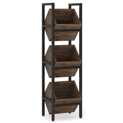 Three-tier angled wooden basket stand on black metal frame by HouseOfZazla for kitchen use on Tampa Home & Garden Store