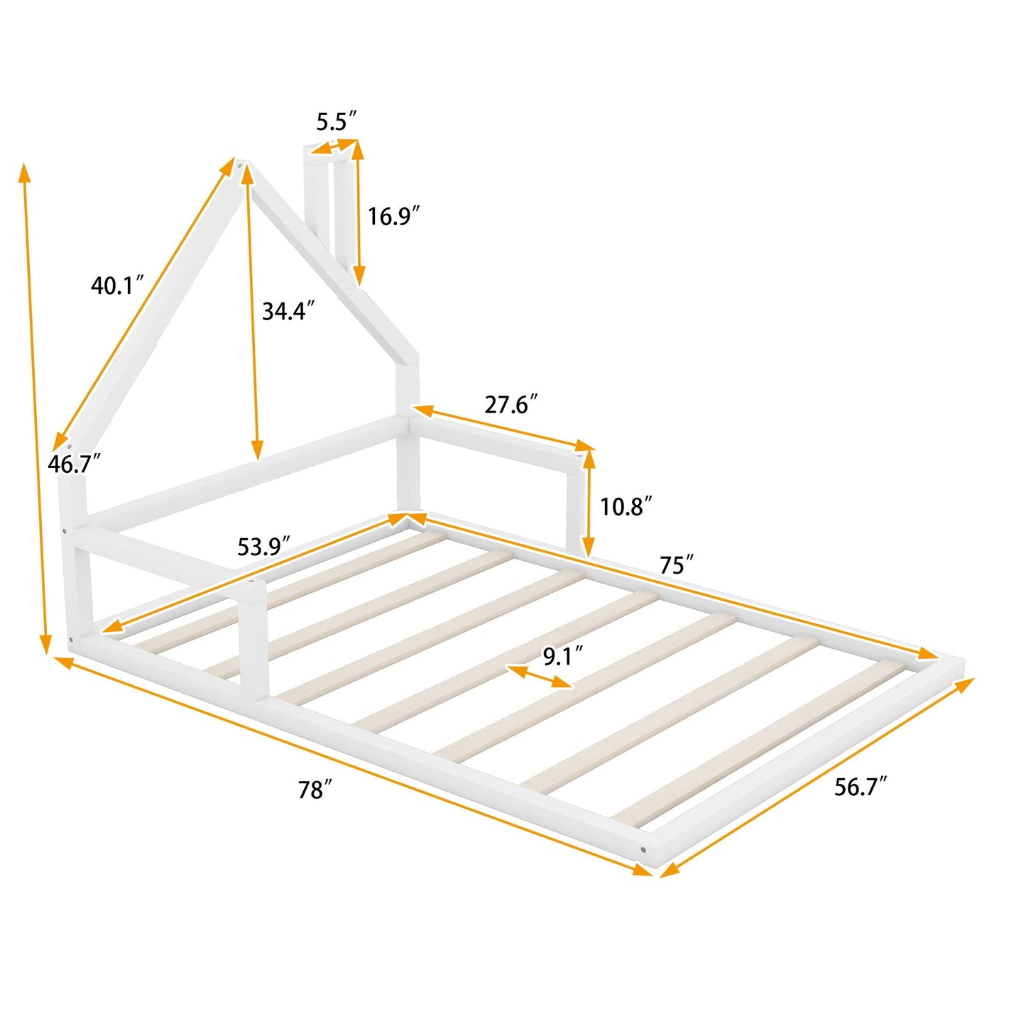 Elegant Floor Bed with House-Shaped Headboard, white platform bed frame dimensioned schematic on Tampa Home & Garden Store