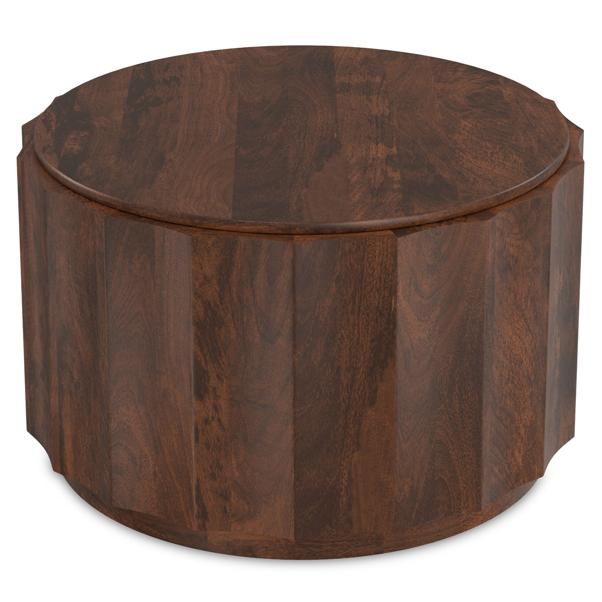 Walnut brown Trenton drum coffee table, round top with rich wood grain, HouseOfZazla on Tampa Home & Garden Store