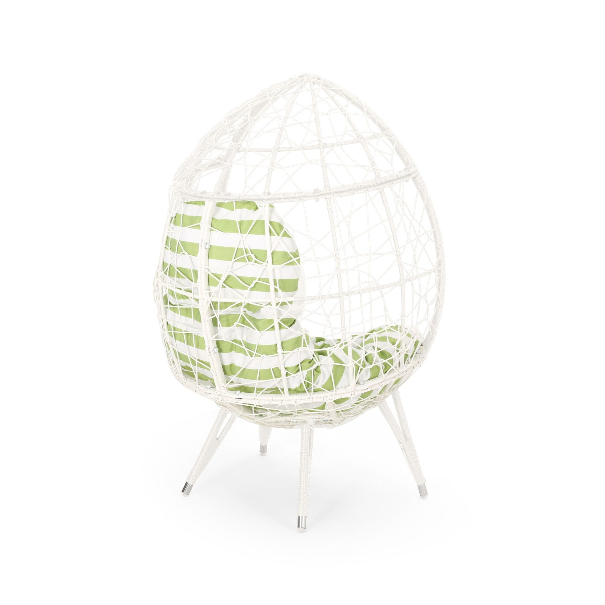 Cosmos Round Hammered Iron Teardrop Outdoor Chair with white wicker frame and green striped cushion on Tampa Home & Garden Store