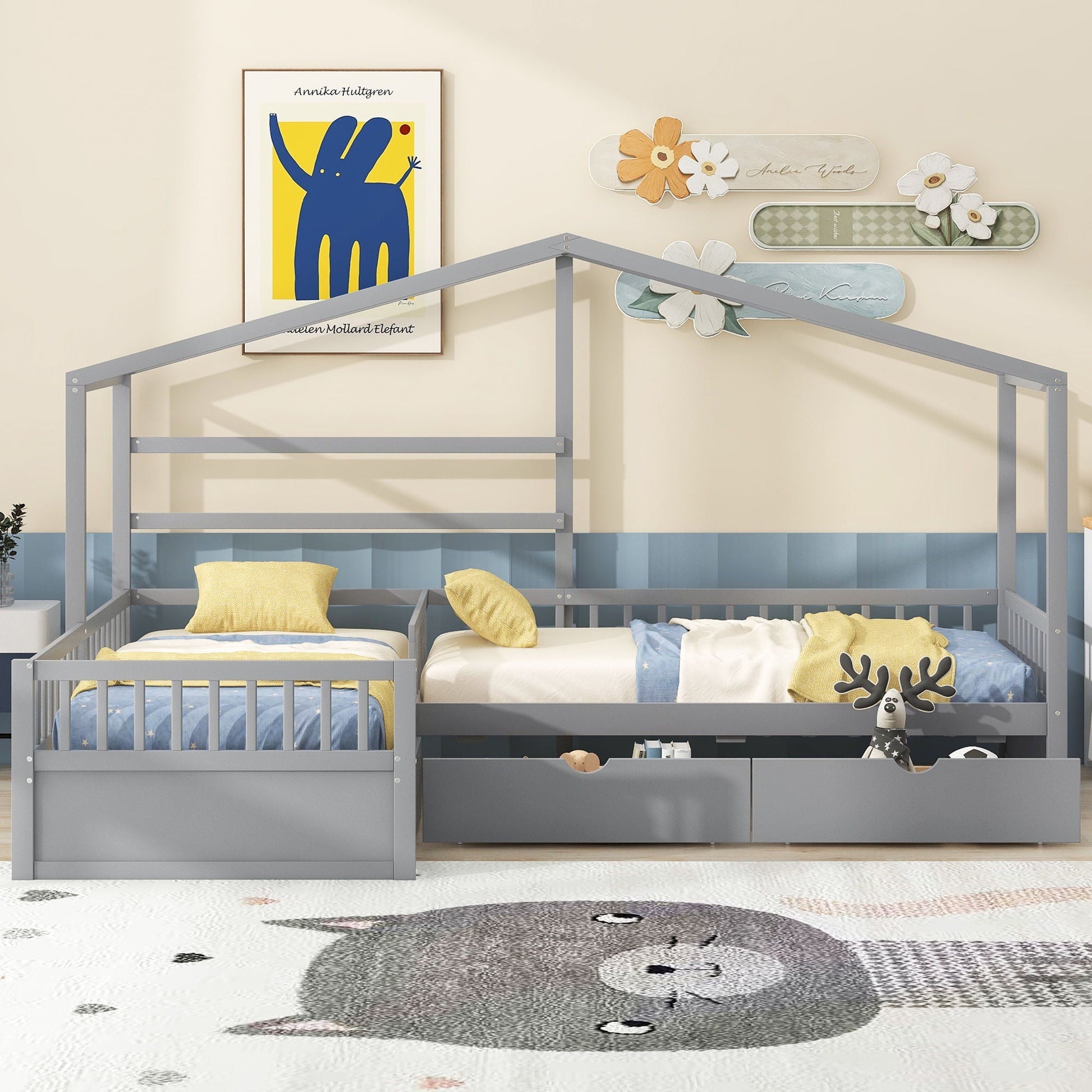 L Shape Platform Bed With 3 Storage Drawers in gray metal frame twin-size kids storage bed on Tampa Home & Garden Store