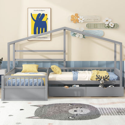 L Shape Platform Bed With 3 Storage Drawers in gray metal frame twin-size kids storage bed on Tampa Home & Garden Store