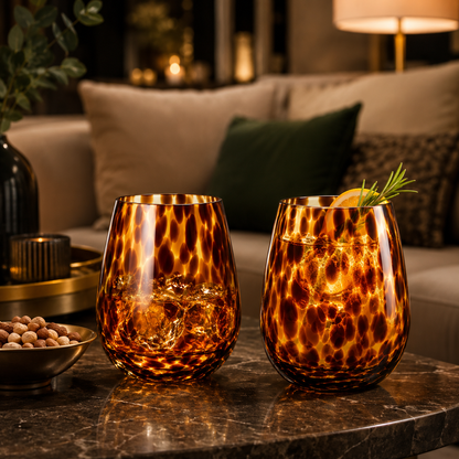 Leopard Amber Stemless Wine Glass Set of Two