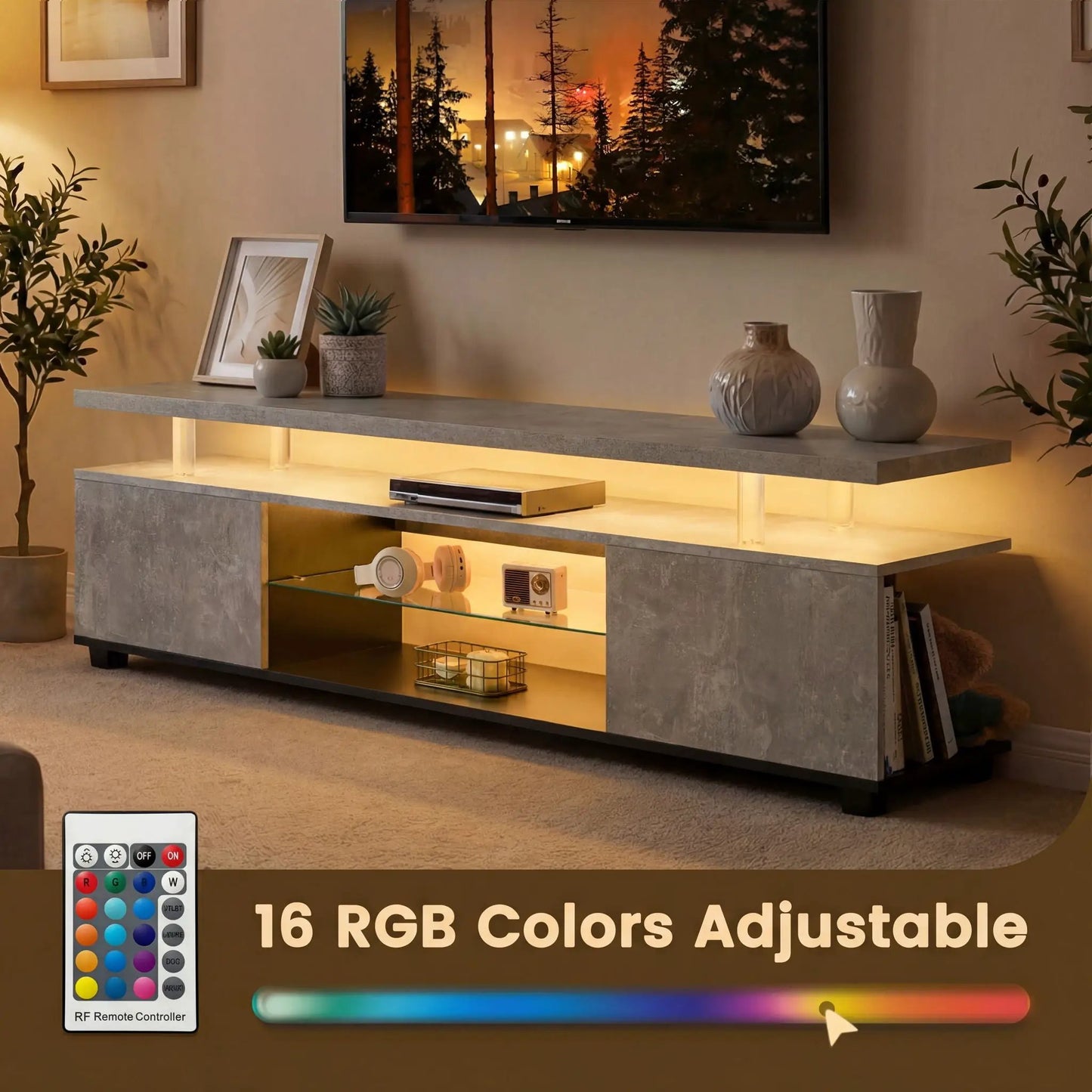 TV stand with LED lighting and large side cabinet in concrete finish on Tampa Home & Garden Store