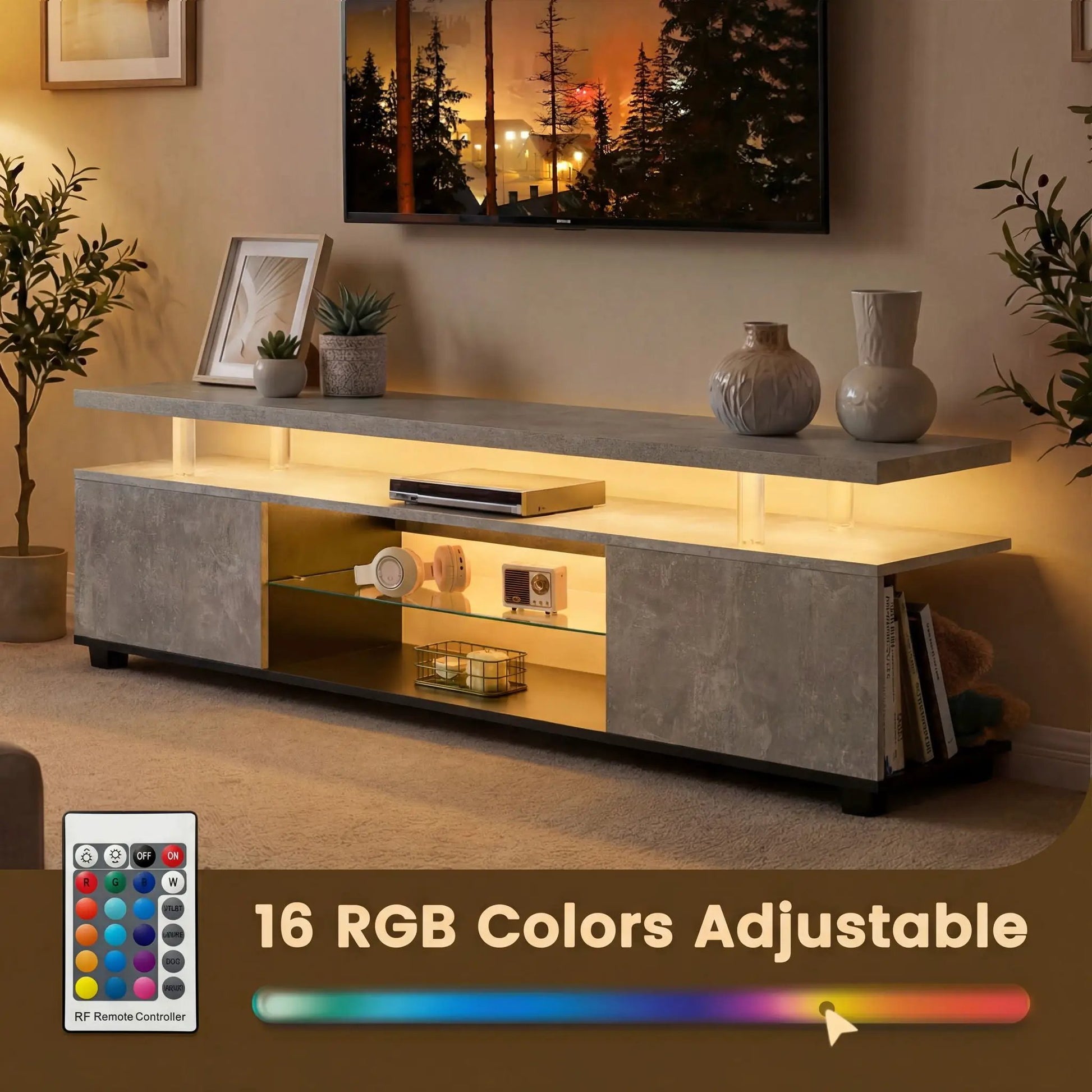 TV stand with LED lighting and large side cabinet in concrete finish on Tampa Home & Garden Store