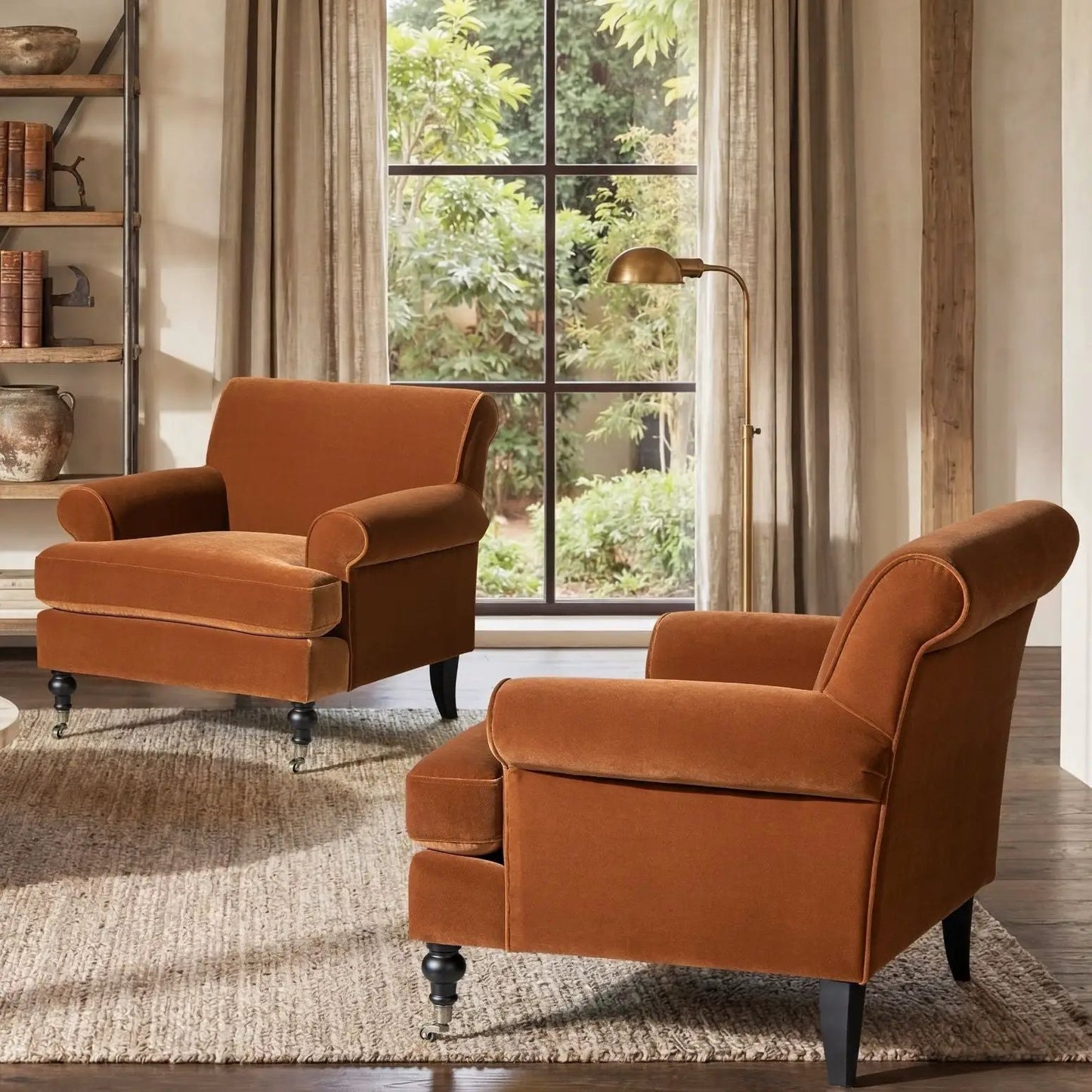 Alana Lawson accent arm chairs with casters in rust upholstery, pair in warm living room on Tampa Home & Garden Store