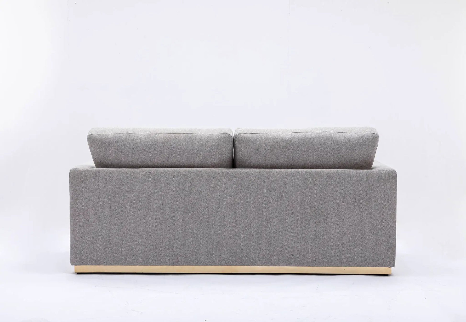 Valin linen sofa back view in gray with two cushions and light wood base on Tampa Home & Garden Store