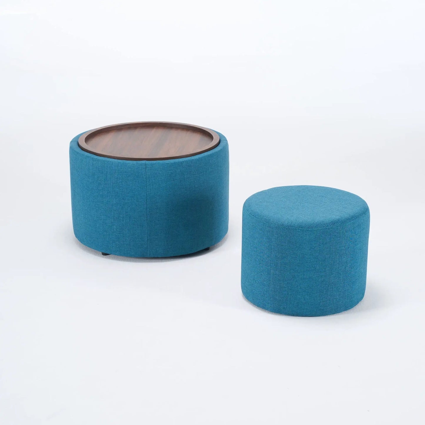 Blue fabric nesting ottomans with wood tray tops, round design, set of 2 on Tampa Home & Garden Store