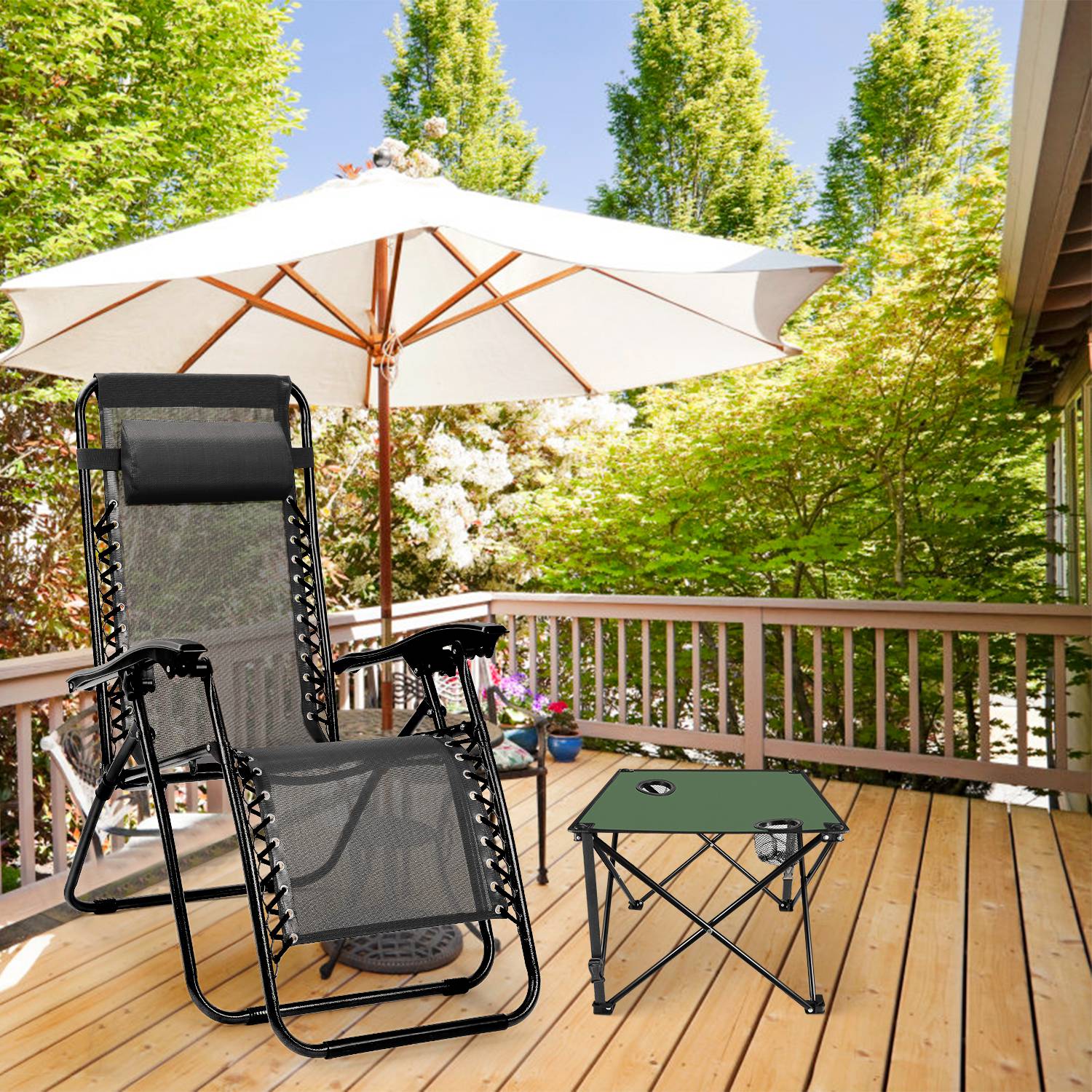 GemGear folding camping table with 2 cup holders and carry bag beside mesh recliner on deck on Tampa Home & Garden Store