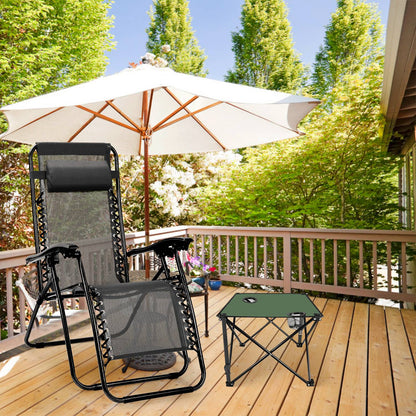 GemGear folding camping table with 2 cup holders and carry bag beside mesh recliner on deck on Tampa Home & Garden Store
