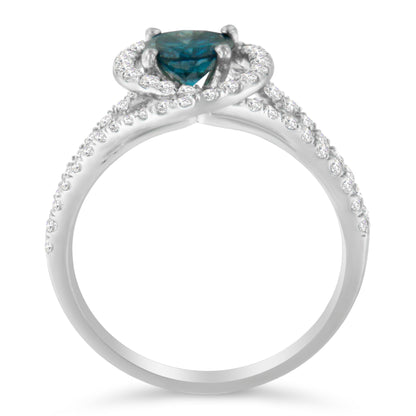 14K white gold ring with blue diamond centerpiece and interwoven double halo pavé bands on Tampa Home & Garden Store