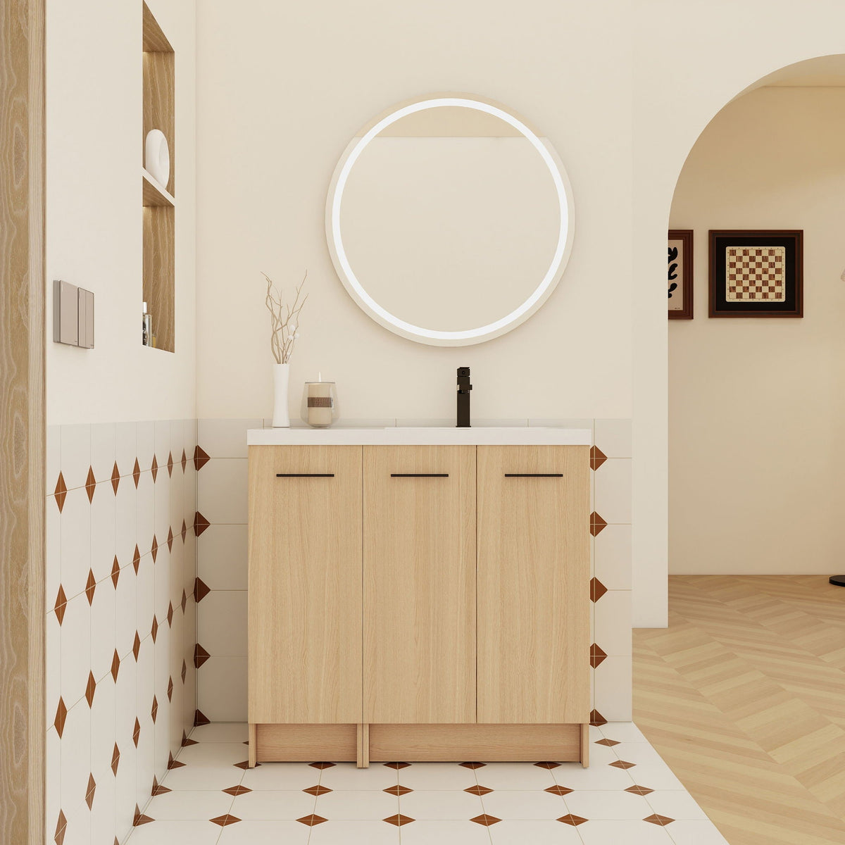 Light Brown Floating Vanity with 3 Cabinet Doors