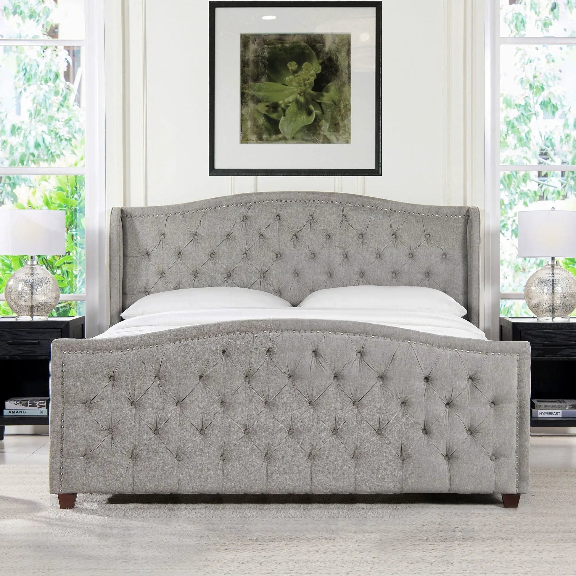 Marcella Upholstered Shelter Headboard Bed Set by Unique Piece Furniture in gray tufted fabric on Tampa Home & Garden Store