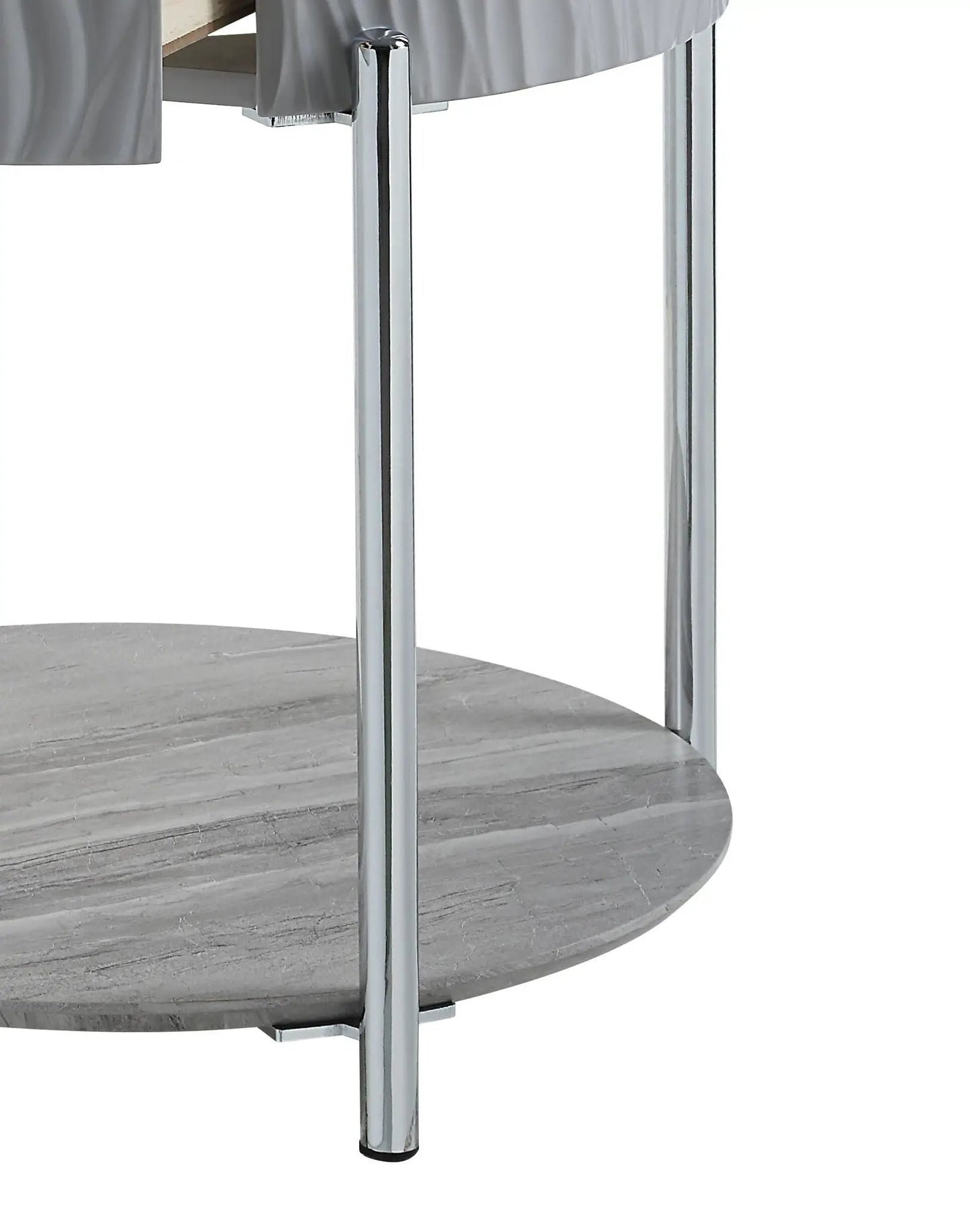 Yukino round high gloss sofa table with chrome legs and grey marble-look two-tier shelf on Tampa Home & Garden Store