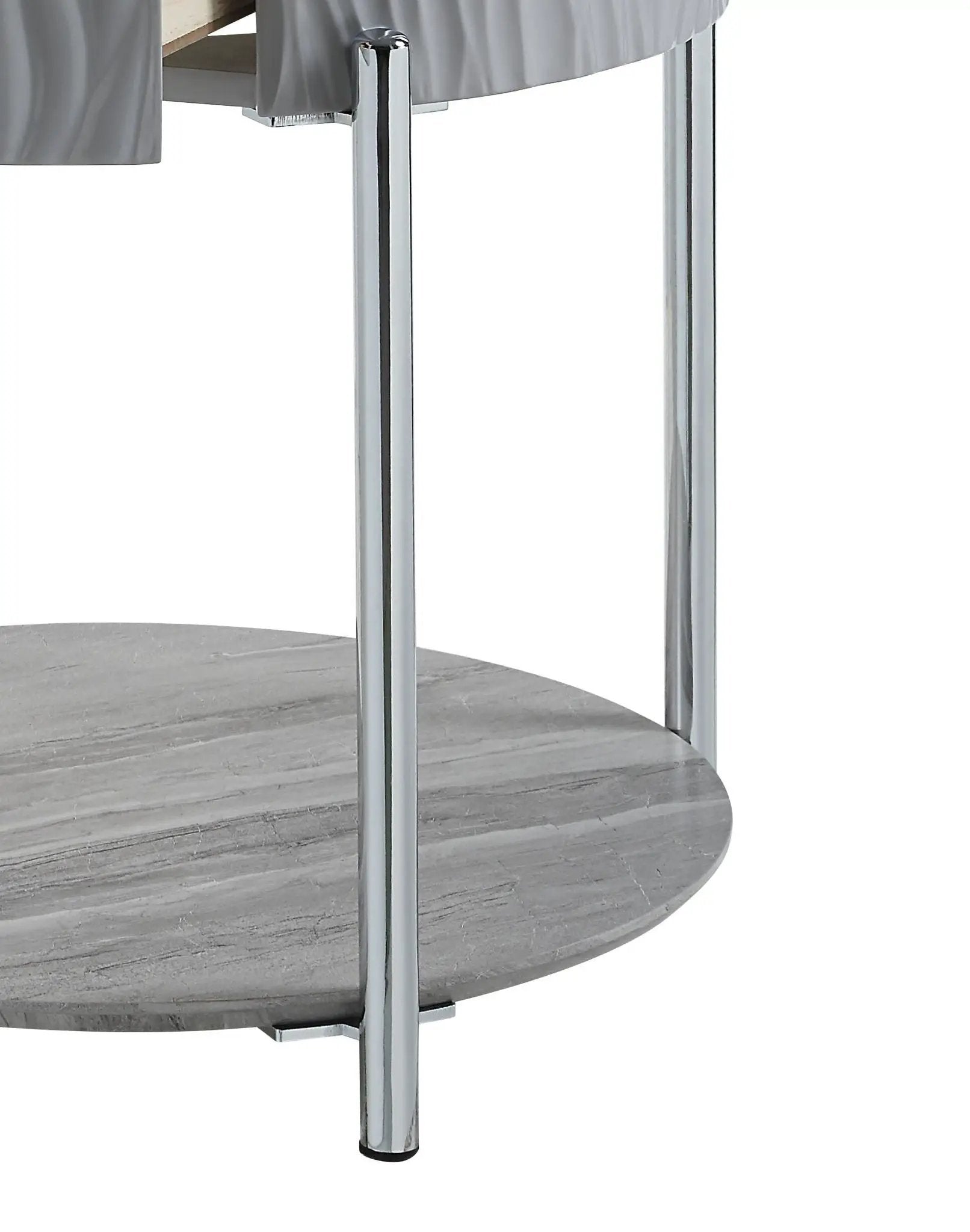 Yukino round high gloss sofa table with chrome legs and grey marble-look two-tier shelf on Tampa Home & Garden Store