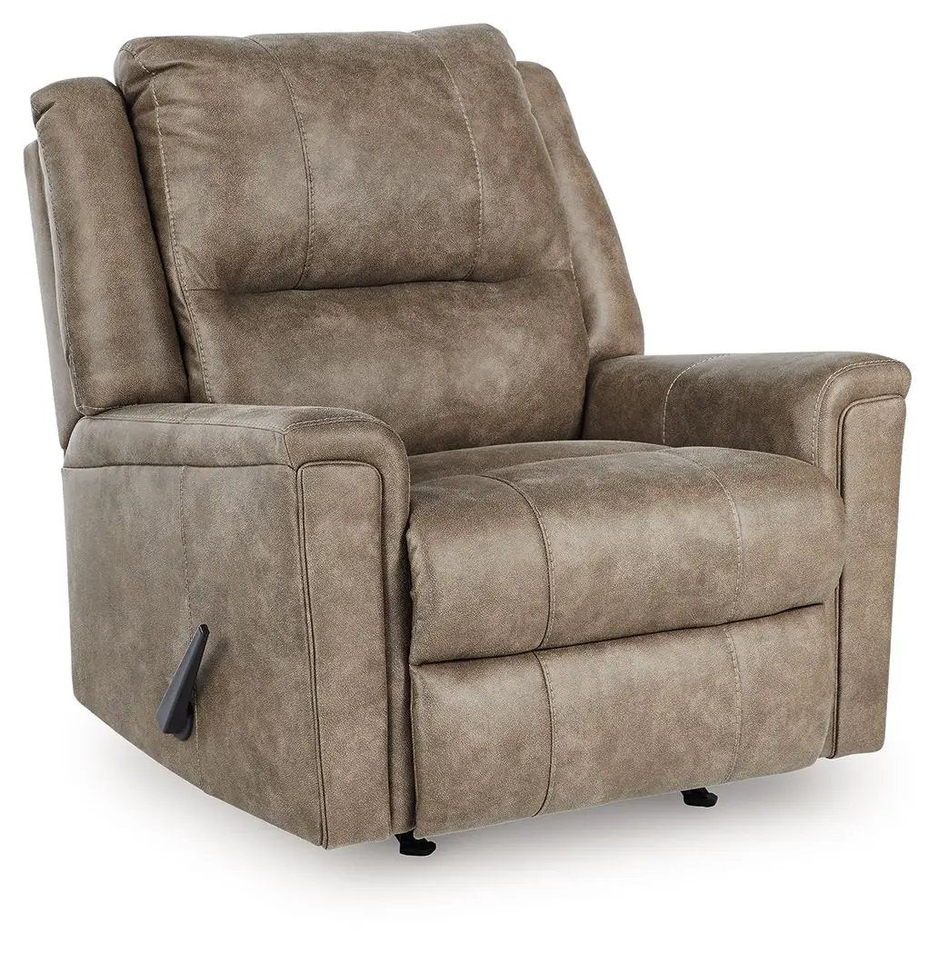 Rocker Recliner Lixtowel, brown microfiber upholstery with plush cushions and lever recline on Tampa Home & Garden Store