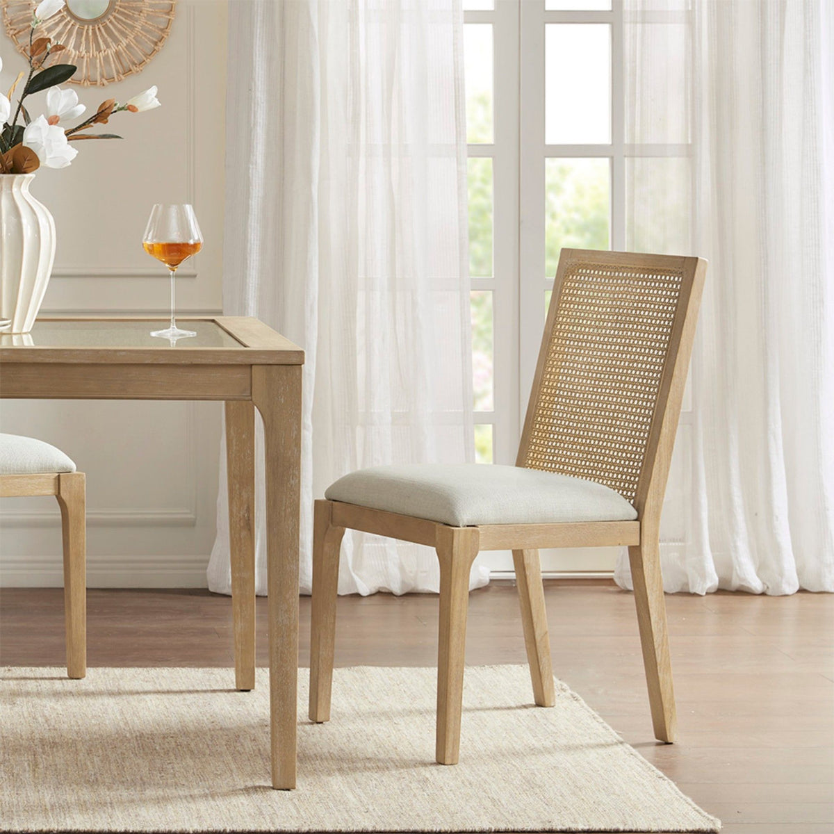 Dining chair set of 2 with synthetic cane back and upholstered seat in wood by HouseOfZazla on Tampa Home & Garden Store