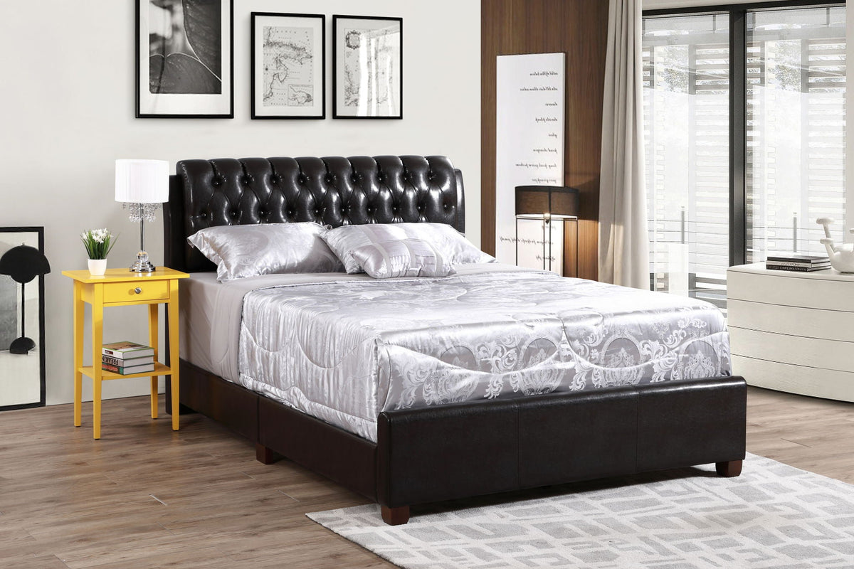 Tufted Upholstered Bed in black leather with a tall button-tufted headboard and silver satin bedding on Tampa Home & Garden Store