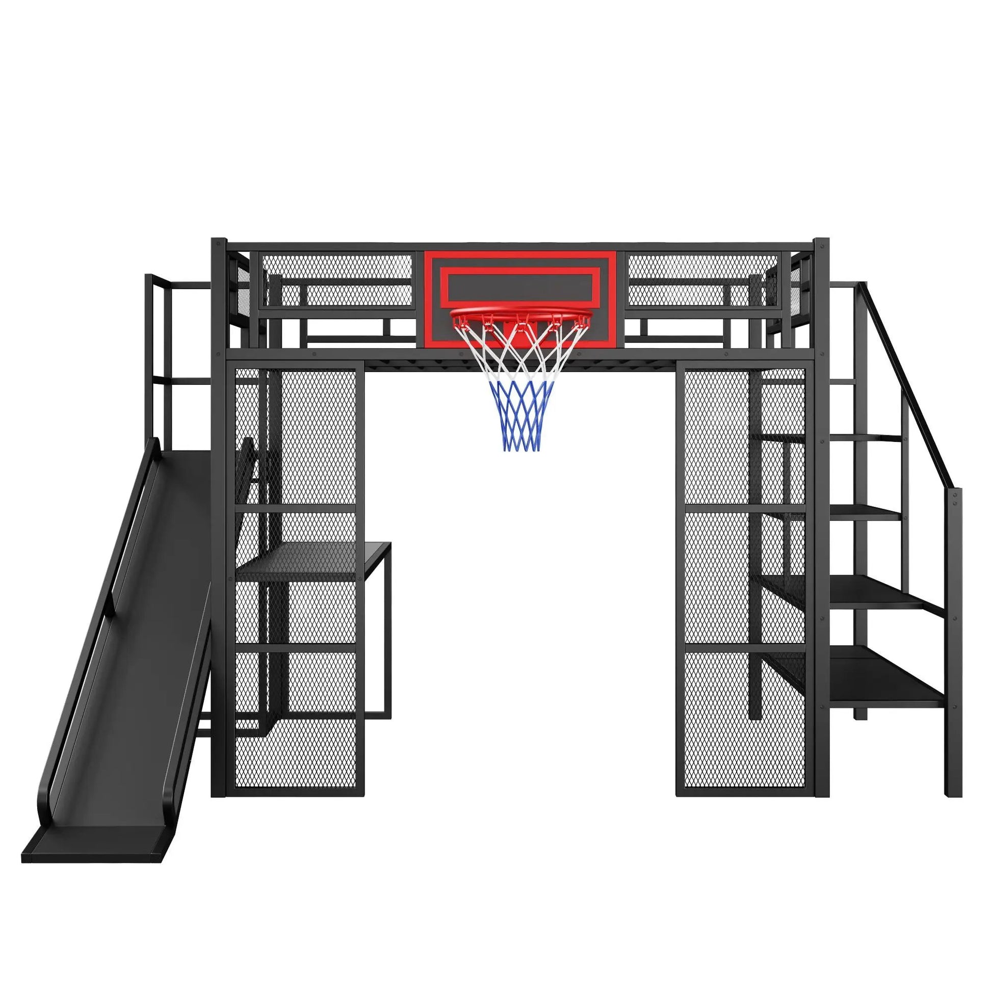 Loft bed with built-in desk, basketball hoop, slide and stairs in black metal on Tampa Home & Garden Store