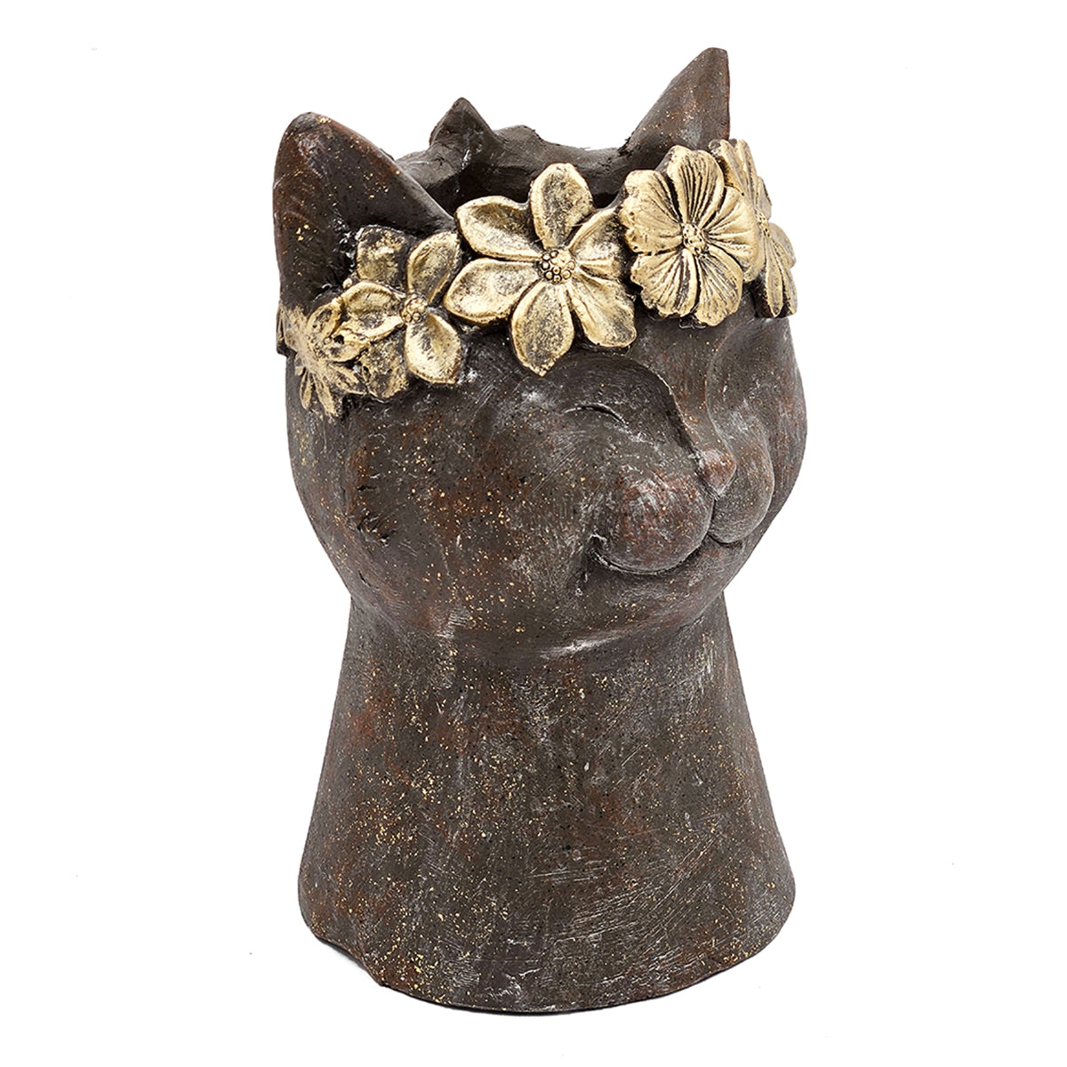 Cat statue planter magnesium with textured finish and gold flower crown by HouseOfZazla on Tampa Home & Garden Store