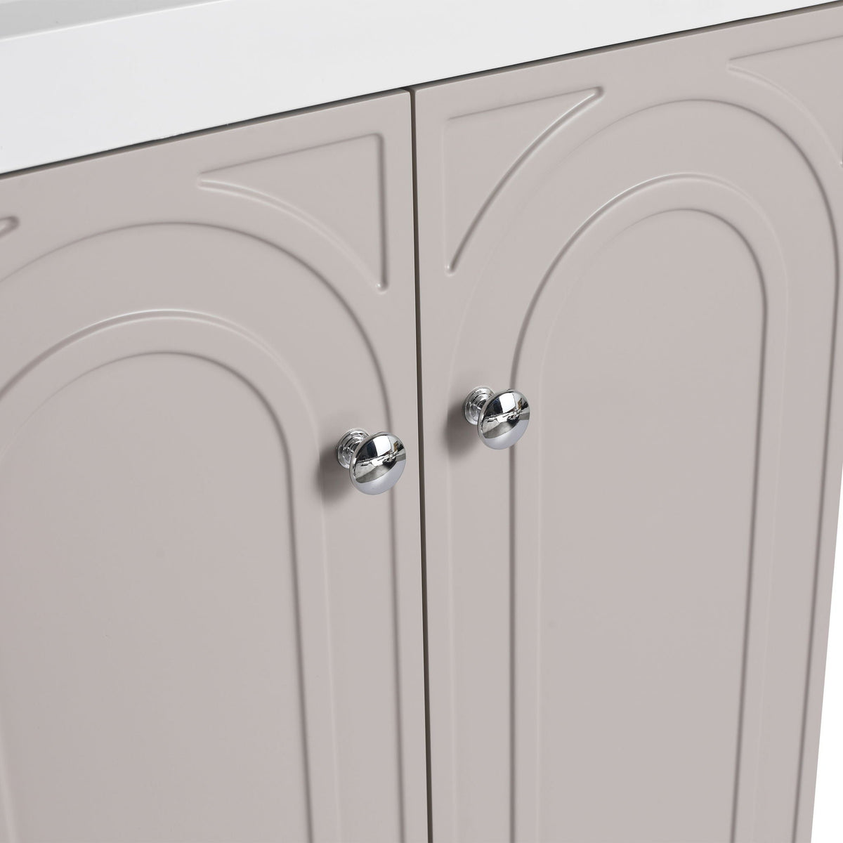 Beige freestanding bath vanity doors with rounded panel details and chrome knobs HouseOfZazla on Tampa Home & Garden Store