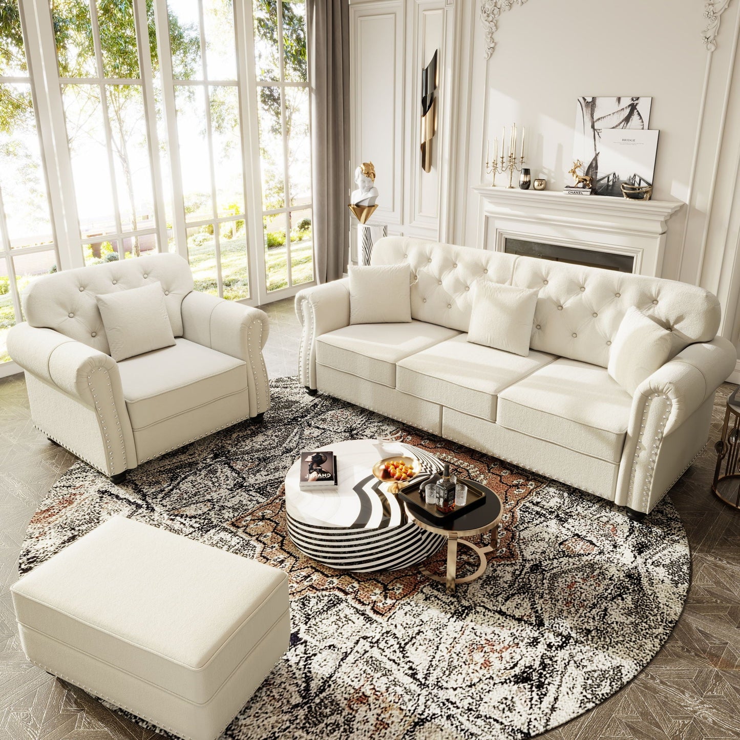 Upholstered Sofa Set with Nailhead and Pillows