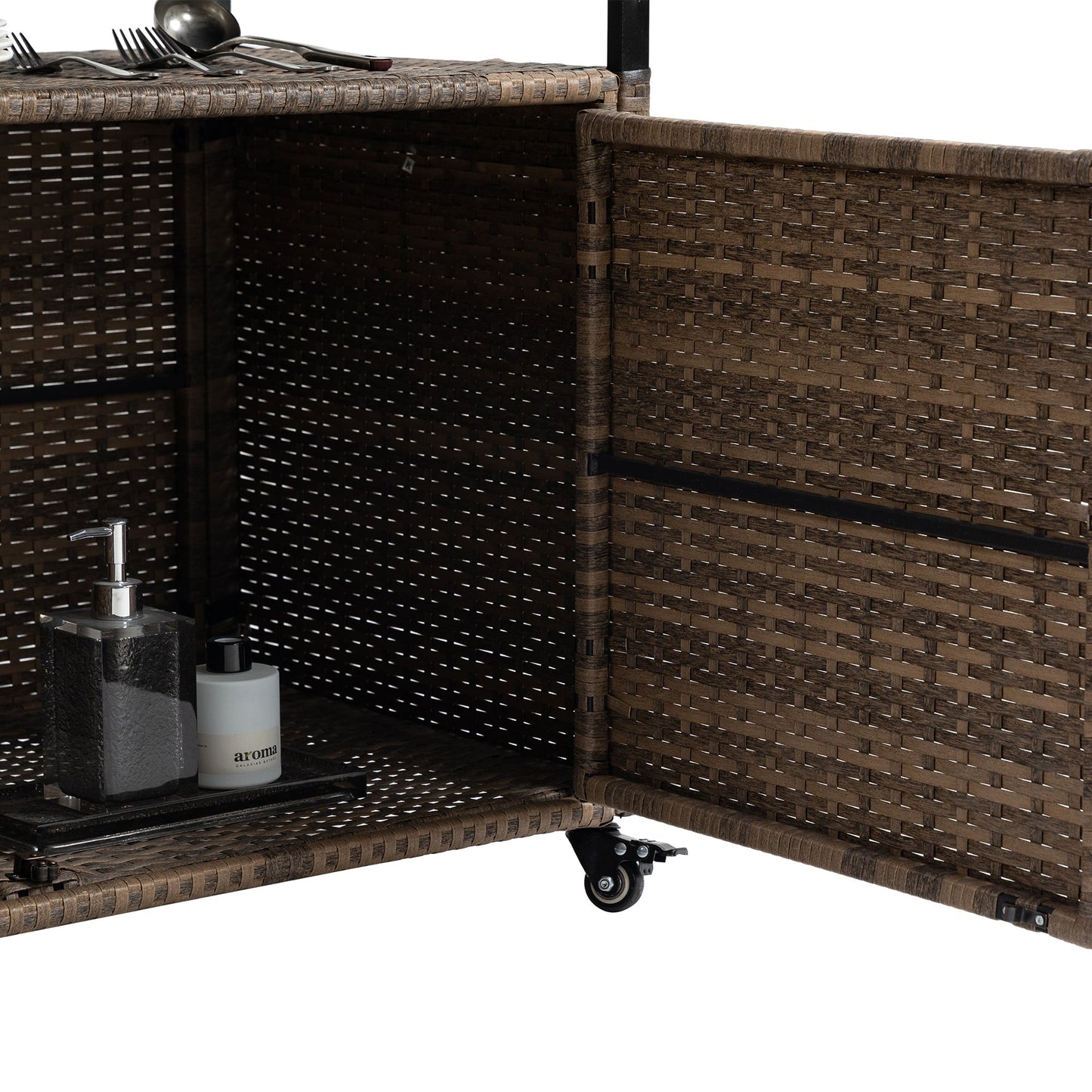 Outdoor wicker bar cart with glass top dark brown woven panels on wheels by HouseOfZazla on Tampa Home & Garden Store