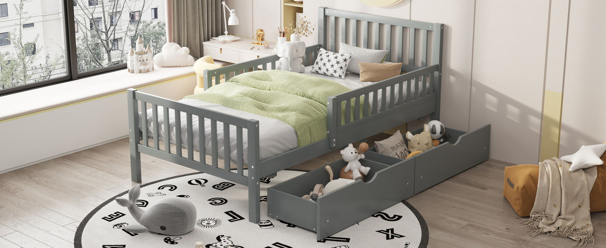 Gray platform bed with guardrails on both sides and two under-bed drawers by HouseOfZazla on Tampa Home & Garden Store