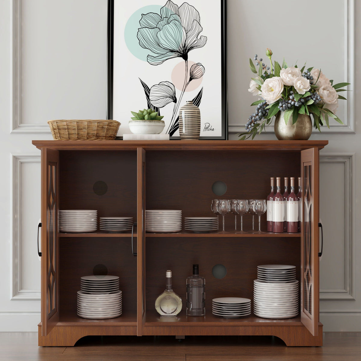 HouseOfZazla dark oak sideboard with glass doors and adjustable shelves, plates and glassware on Tampa Home & Garden Store