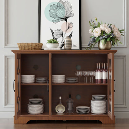 HouseOfZazla dark oak sideboard with glass doors and adjustable shelves, plates and glassware on Tampa Home & Garden Store