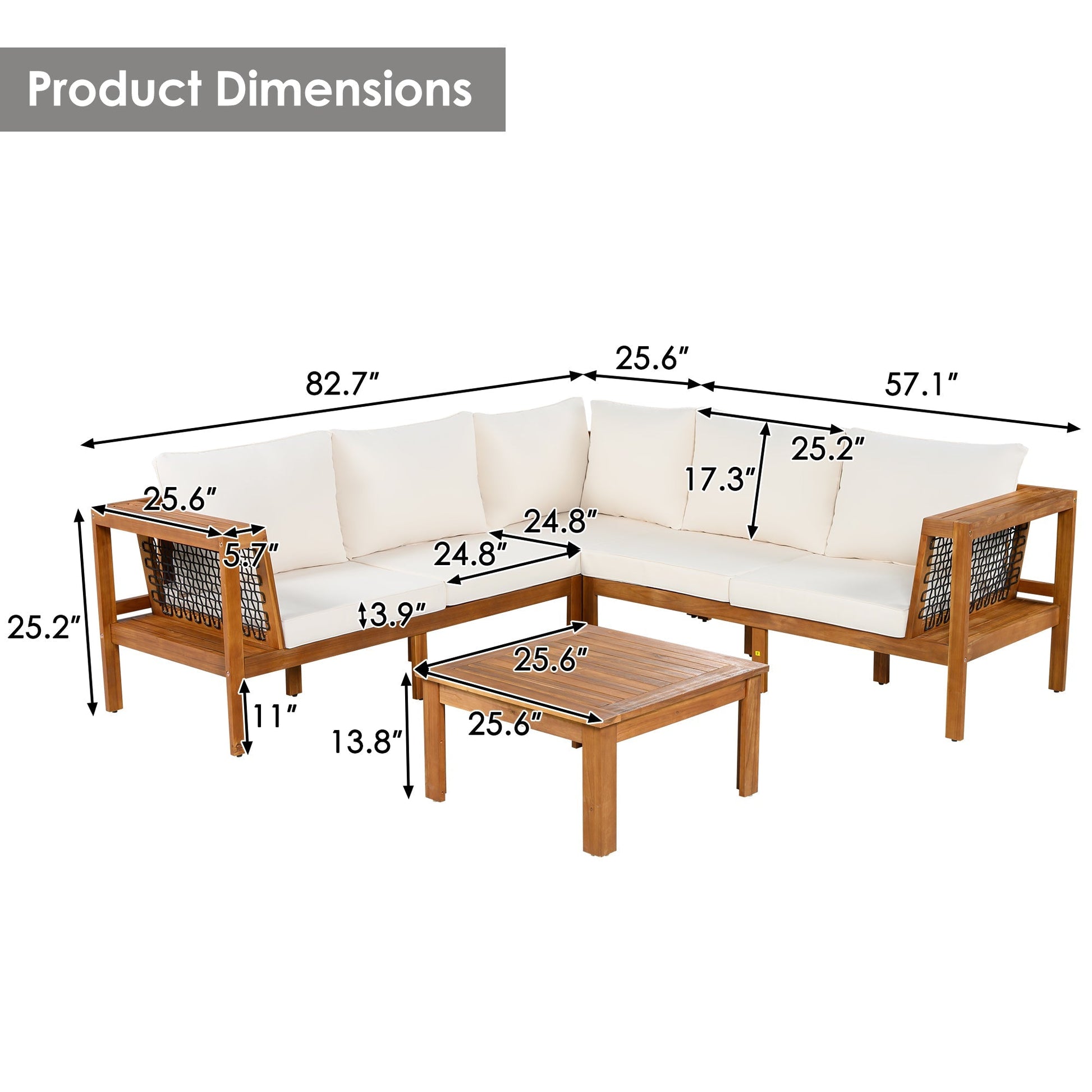 GO 4 Pieces Outdoor Acacia Wood Sofa Set with Coffee Table wood frames and white cushions on Tampa Home & Garden Store
