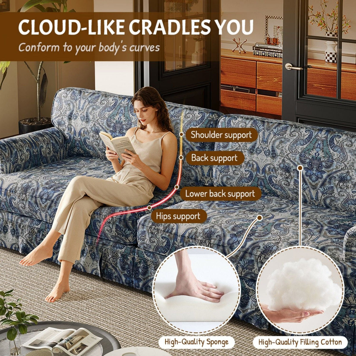 Comfortable Cloud Sofa with rolled arms and skirt in blue patterned fabric, stationary sofa on Tampa Home & Garden Store