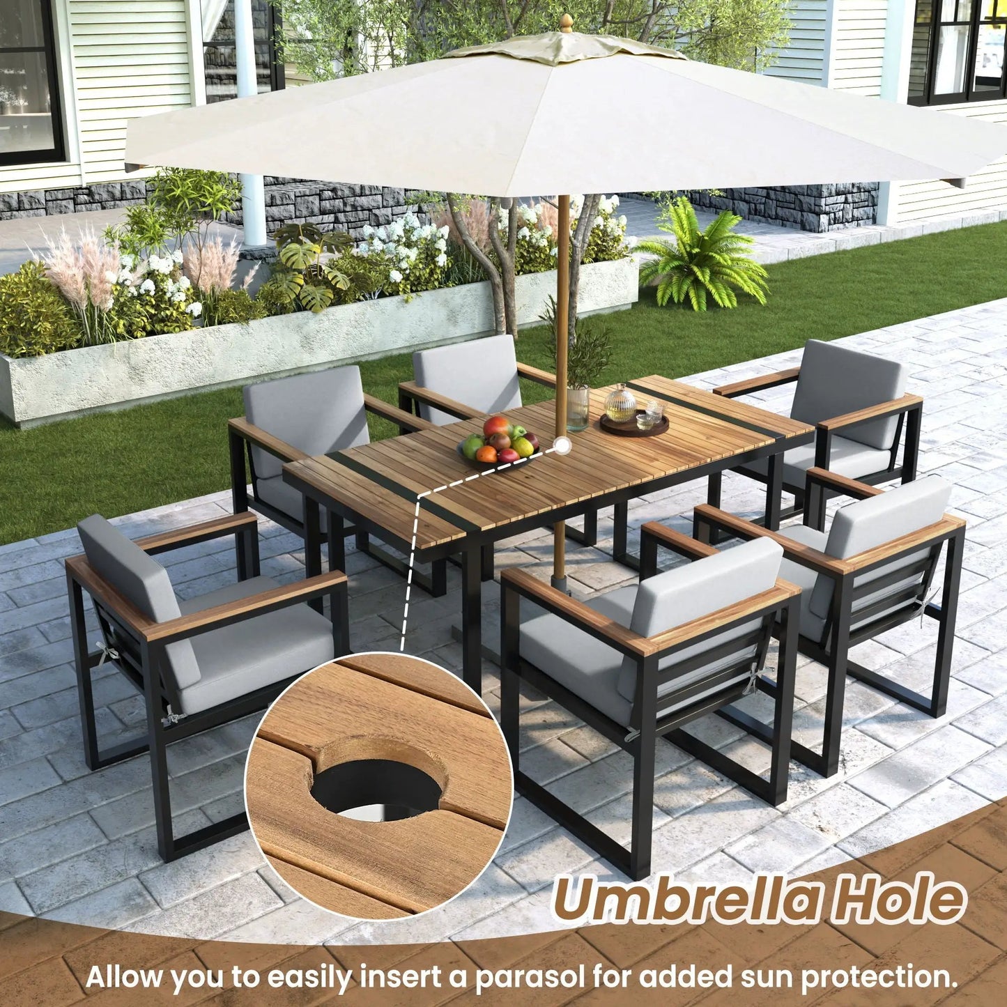 7-piece outdoor dining set with wooden slat table and black metal frame, gray cushions on Tampa Home & Garden Store