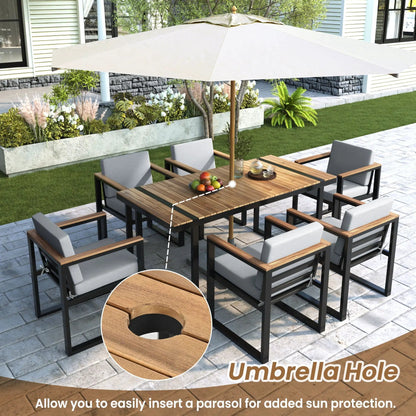 7-piece outdoor dining set with wooden slat table and black metal frame, gray cushions on Tampa Home & Garden Store