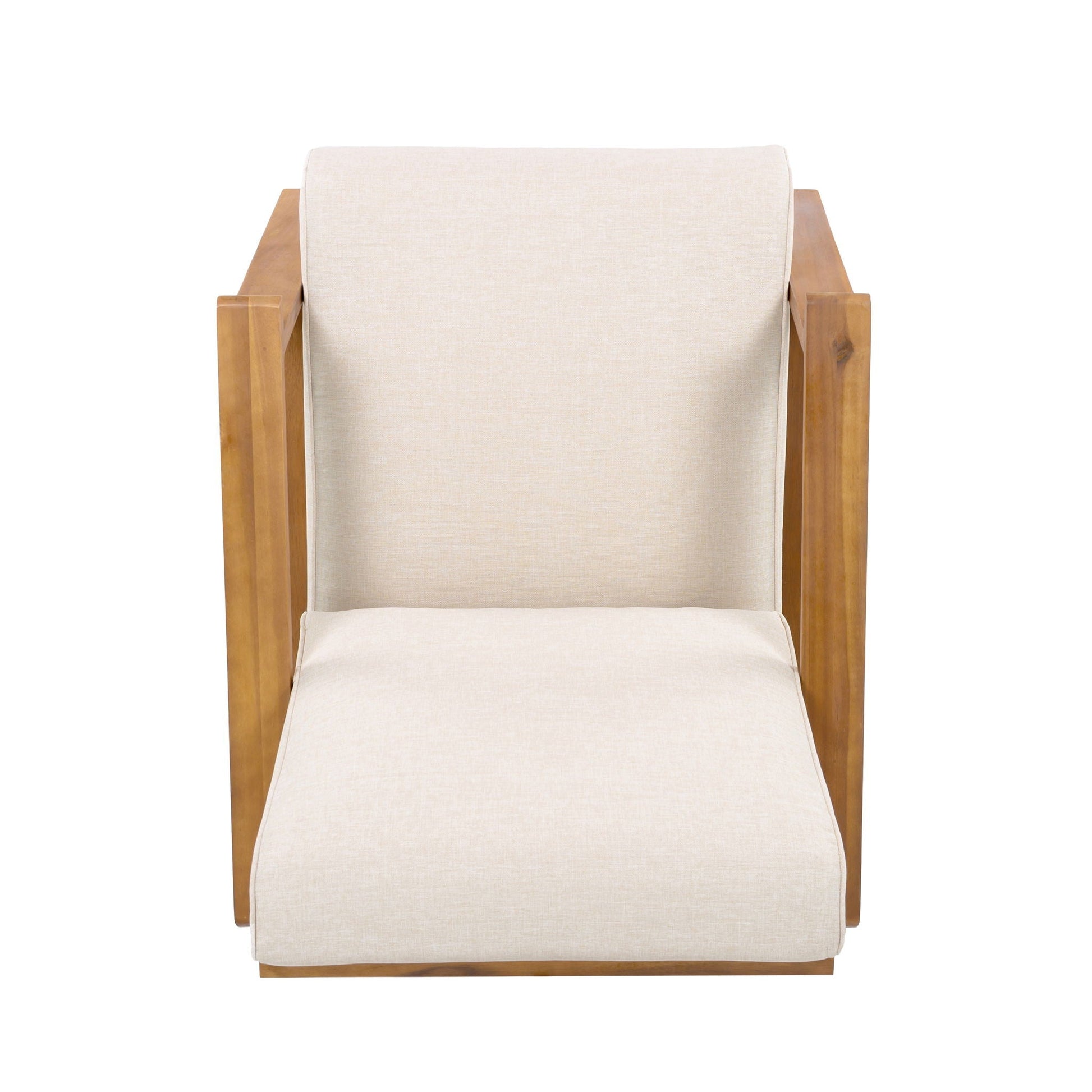 Outdoor lounge chair with beige fabric cushions and wood frame by HouseOfZazla on Tampa Home & Garden Store