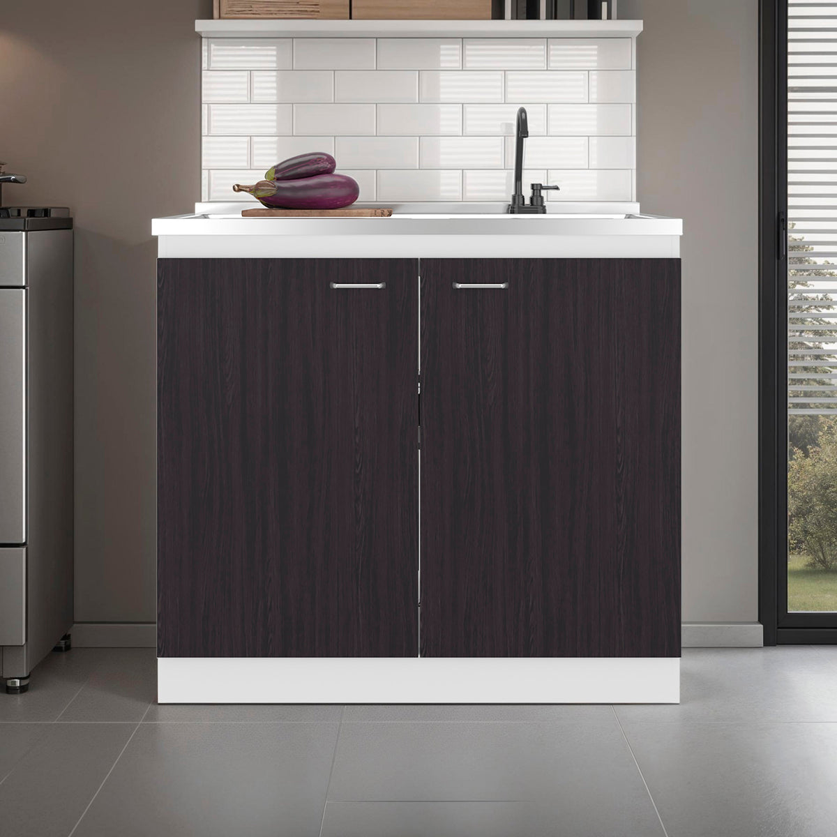 Salento cabinet with double doors and two shelves, dark wood base, subway tile backsplash on Tampa Home & Garden Store