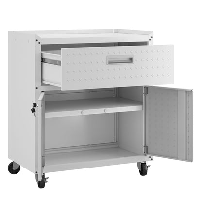 Mobile garage cabinet with locking system; white diamond-pattern front and caster wheels on Tampa Home & Garden Store