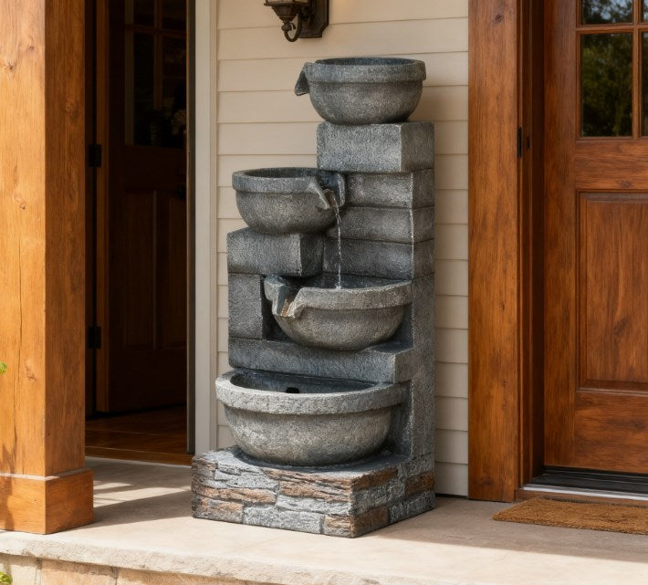 Garden Fountain tall waterfall with LED lights, tiered stone design by HouseOfZazla on Tampa Home & Garden Store