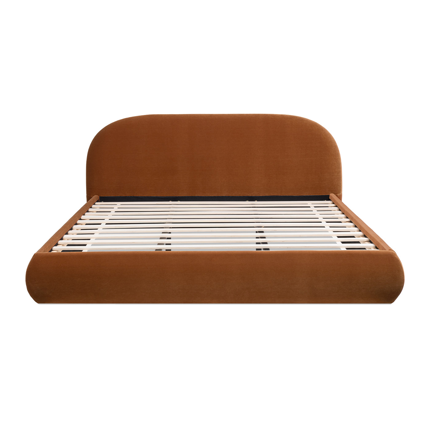 Archie Puffy Grounded Upholstered Platform Bed King burnt orange velvet with curved headboard on Tampa Home & Garden Store