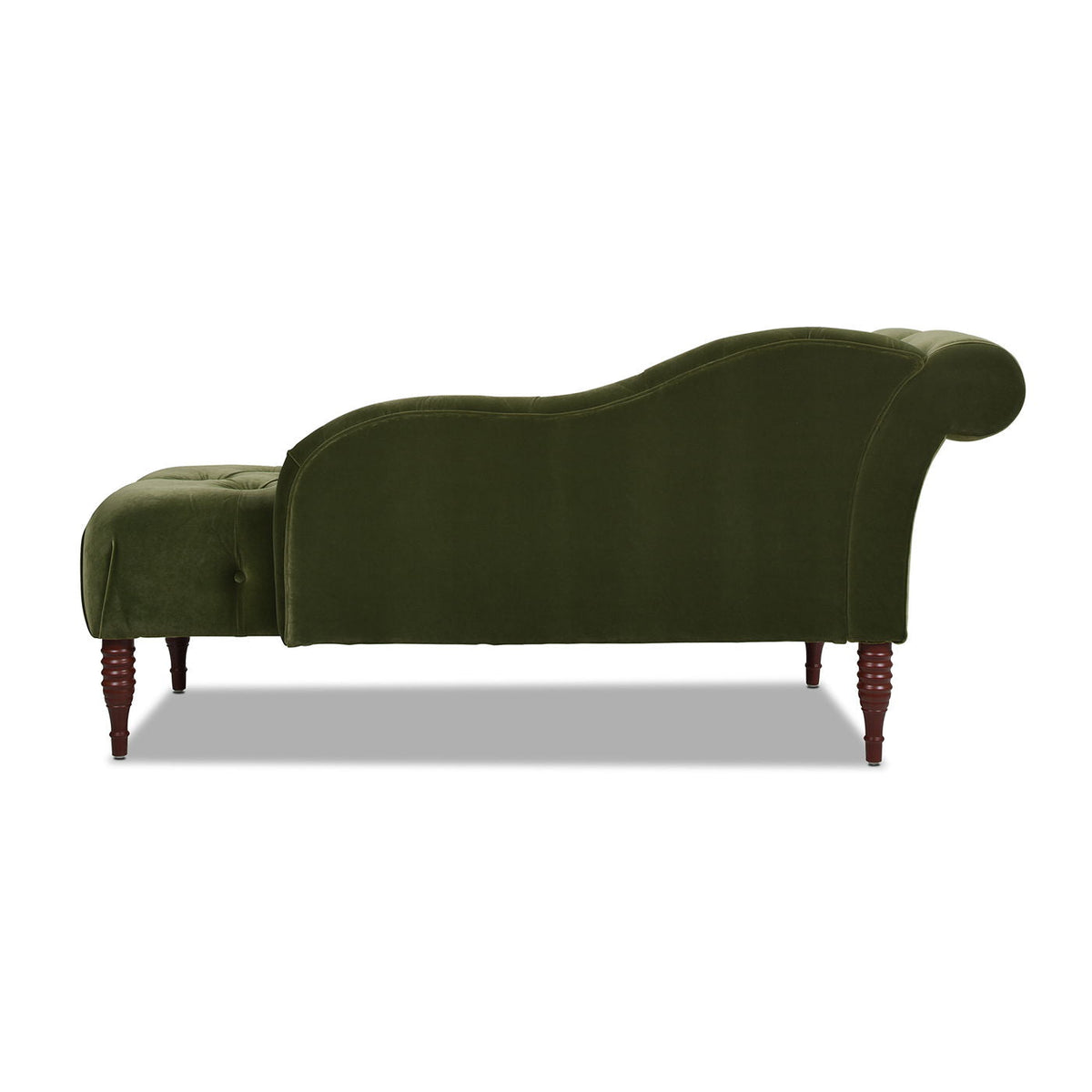 Tufted roll-arm chaise in dark green velvet with premium foam padding and turned wood legs on Tampa Home & Garden Store