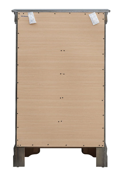 Black metal accent chest back view with natural wood panel back and visible screws on Tampa Home & Garden Store