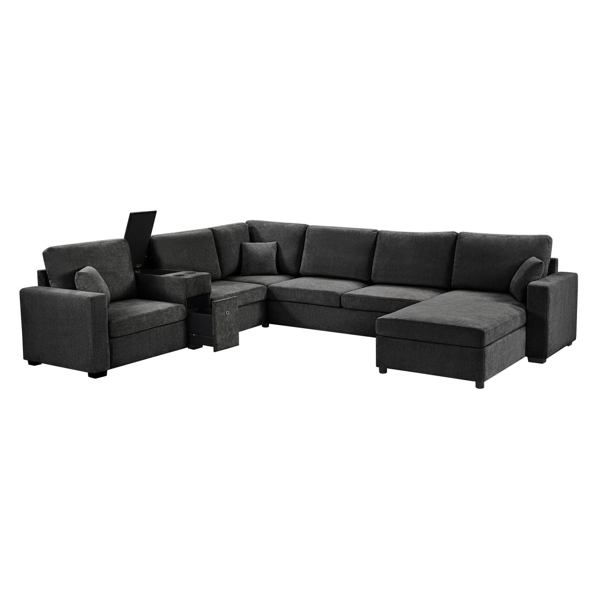 Modular 5-seat U-shaped sectional with chaise, dark gray fabric, cup holders and storage drawer on Tampa Home & Garden Store