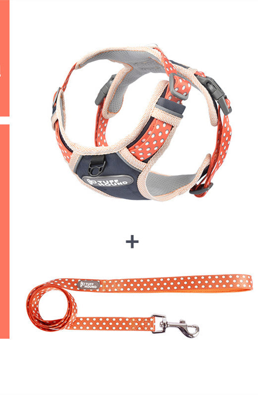 Pet Zen dog harness and orange polka-dot leash with beige trim, adjustable chest strap on Tampa Home & Garden Store