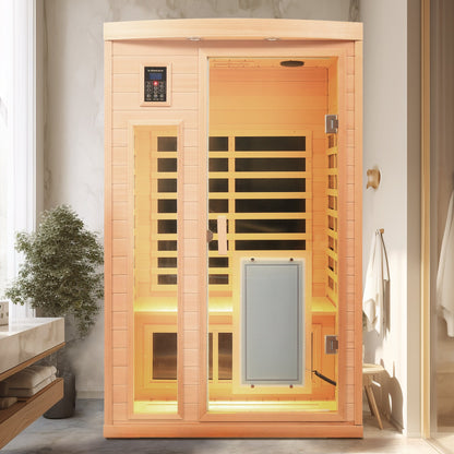 Two-person hemlock wood far-infrared sauna with Bluetooth in natural finish on Tampa Home & Garden Store