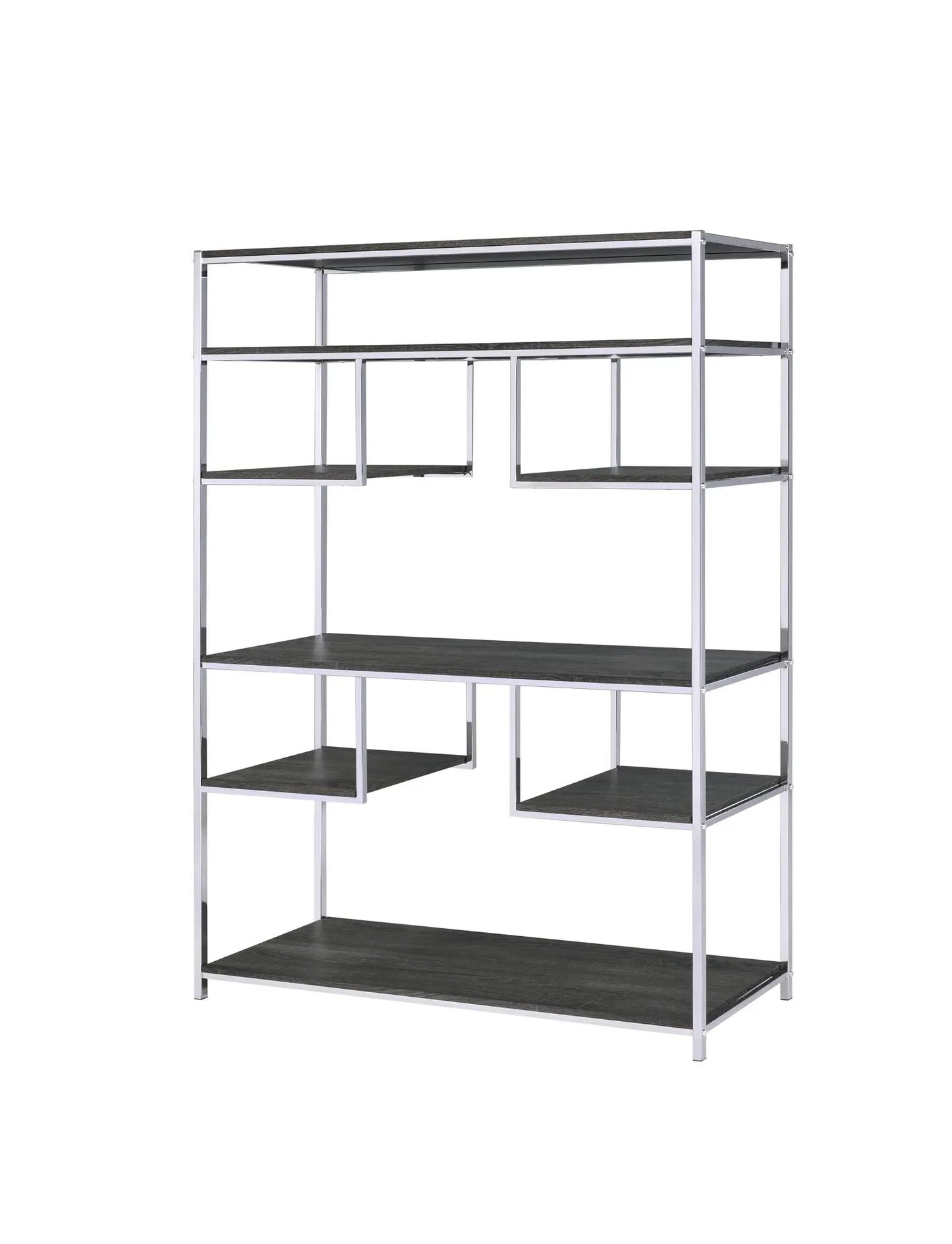 Vonara Bookshelf etagere with chrome frame and gray oak shelves on Tampa Home & Garden Store