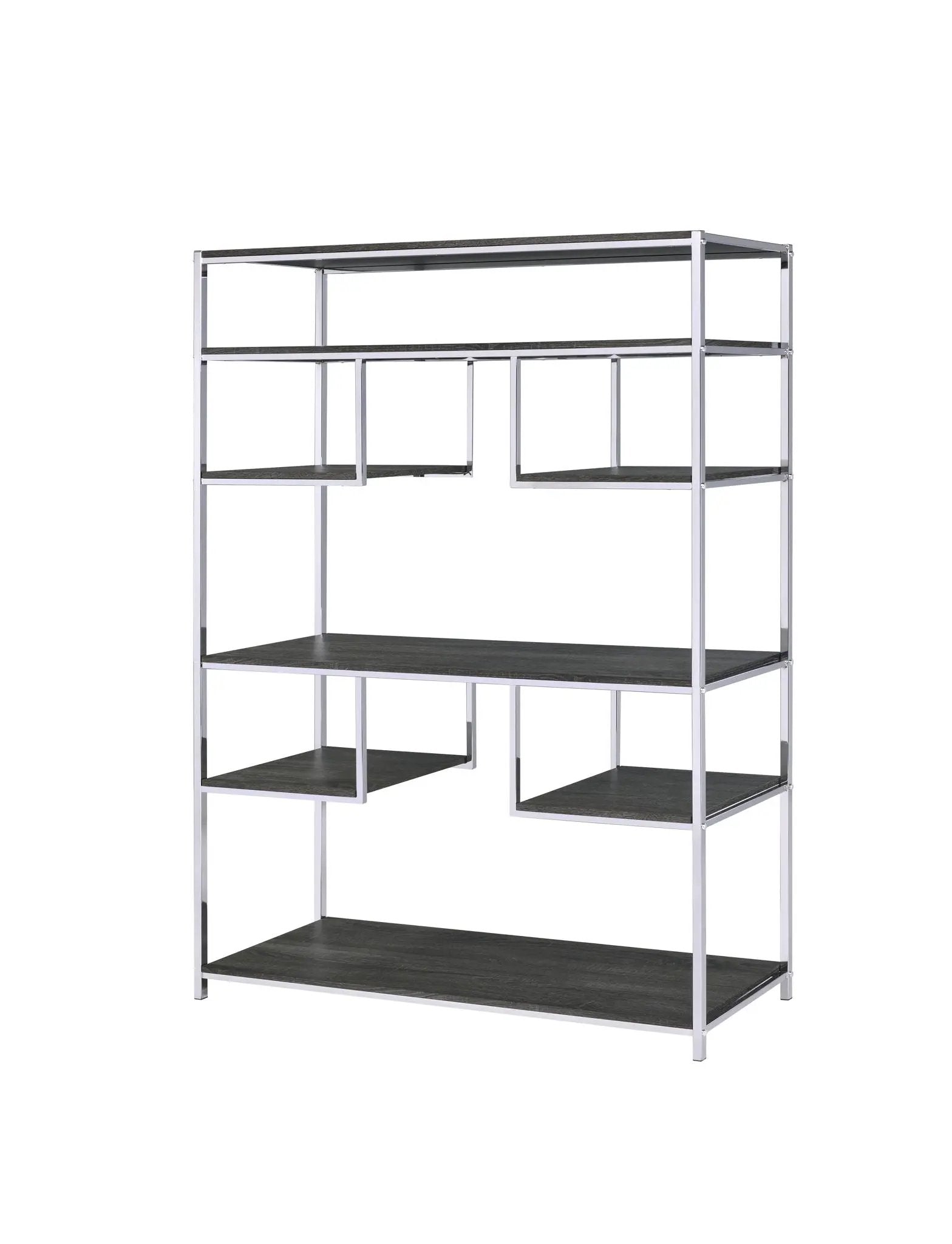 Vonara Bookshelf etagere with chrome frame and gray oak shelves on Tampa Home & Garden Store